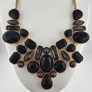Statement Necklace Black Gold Tone‎ Geometric Bib Costume Jewelry